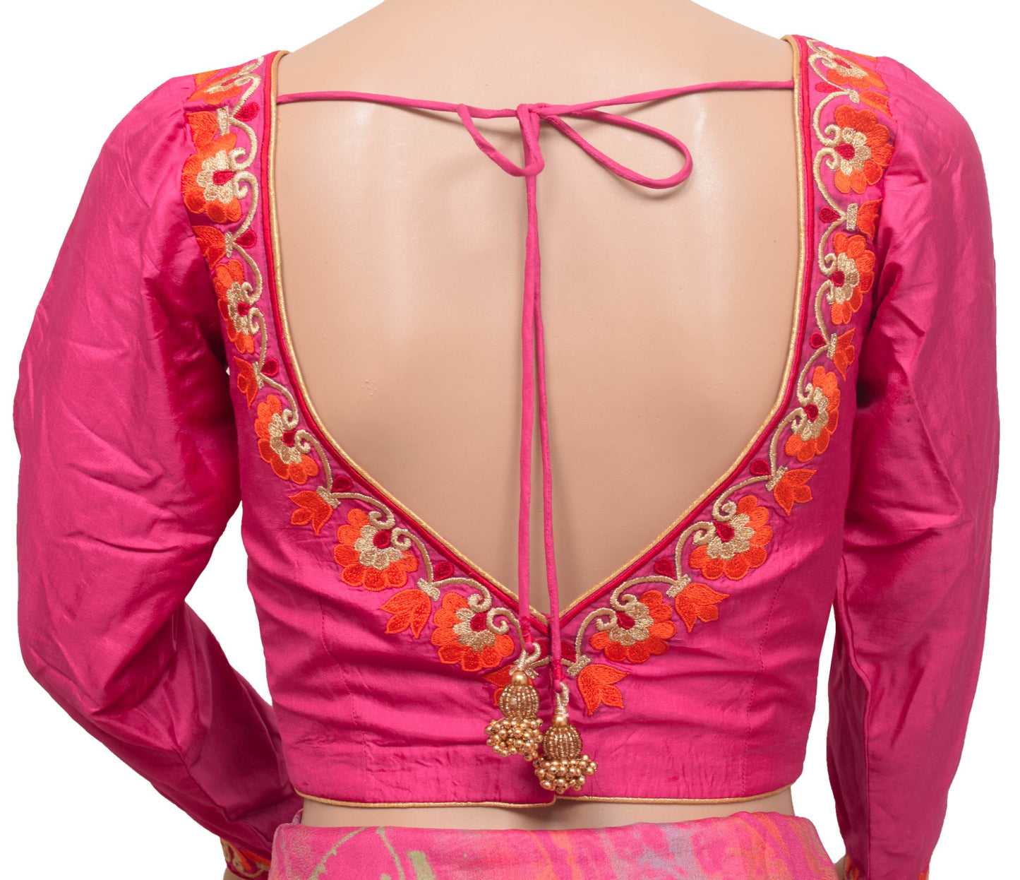Size 30 Vintage Pure Silk Stitched Padded Sari Blouse Pink Embroidered VNeck Top