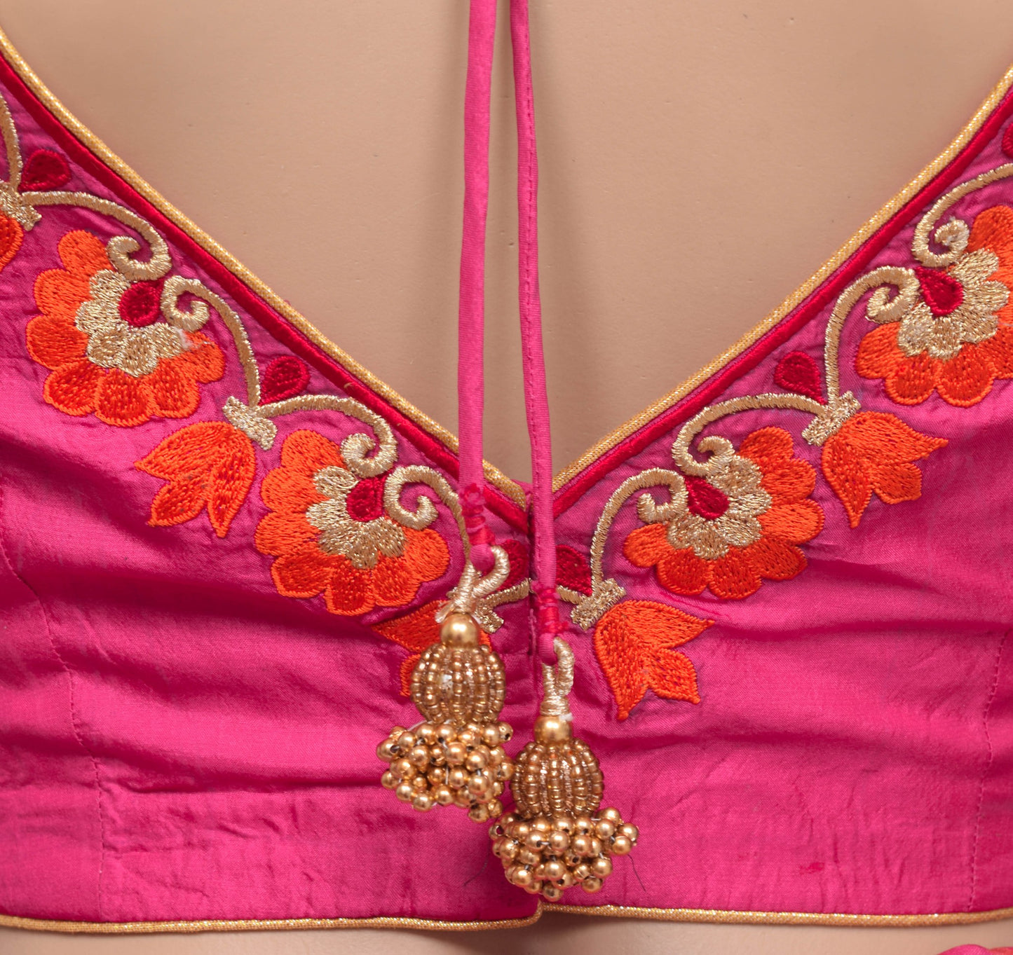 Size 30 Vintage Pure Silk Stitched Padded Sari Blouse Pink Embroidered VNeck Top