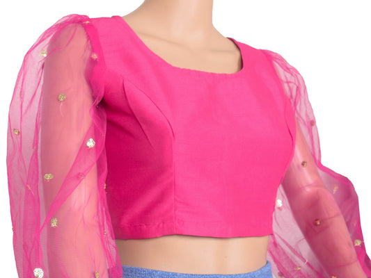 Size 34 Stitched Sari Blouse Pink Sheer Net Puff Sleeve Branded New Crop Top