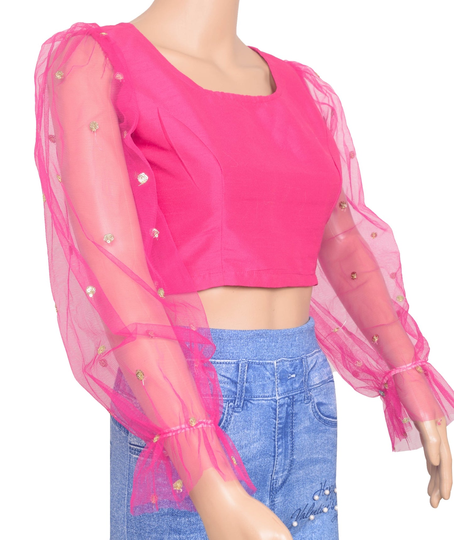 Size 34 Stitched Sari Blouse Pink Sheer Net Puff Sleeve Branded New Crop Top