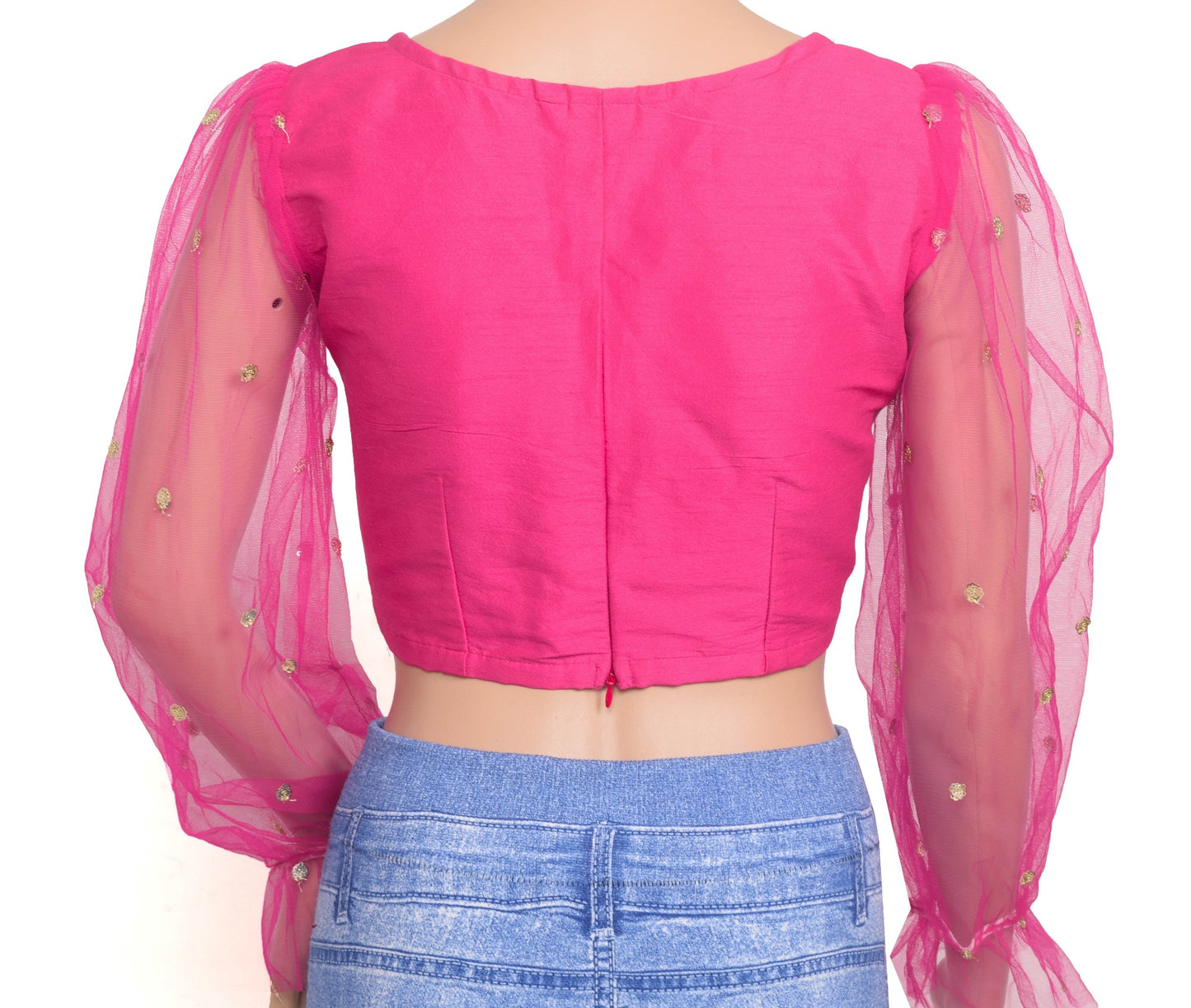 Size 34 Stitched Sari Blouse Pink Sheer Net Puff Sleeve Branded New Crop Top