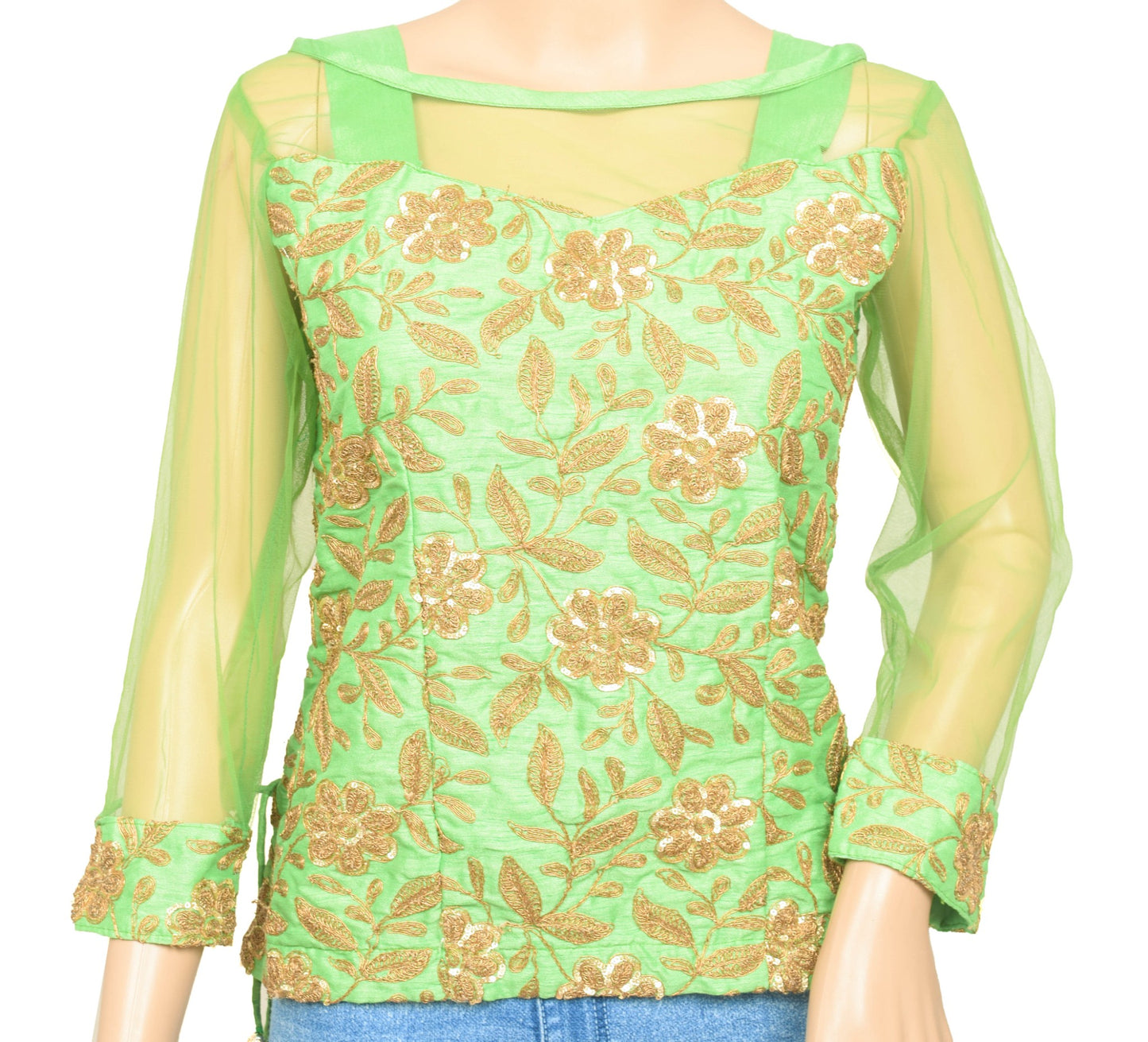 Vintage Stitched Readymade Silk Sari Blouse Stylist Neck Pattern Green Top 38