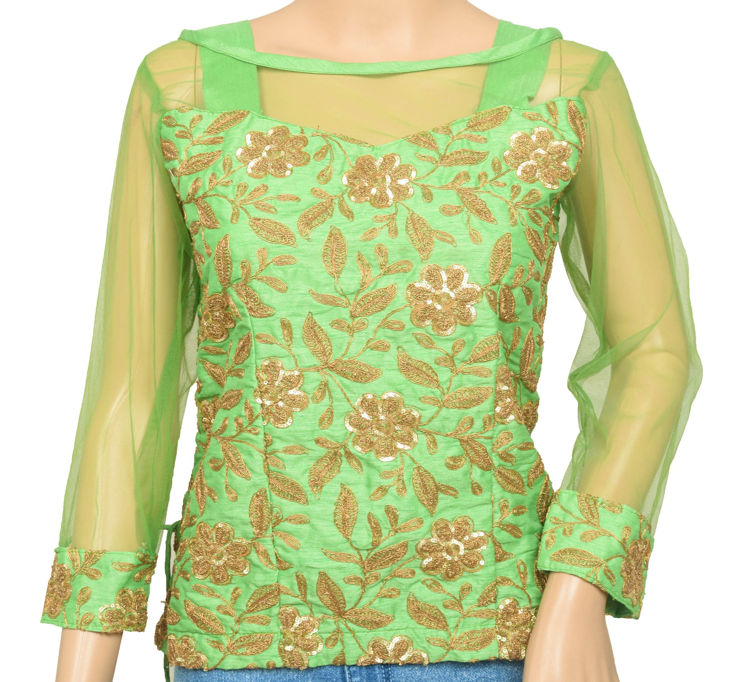 Vintage Stitched Readymade Silk Sari Blouse Stylist Neck Pattern Green Top 38