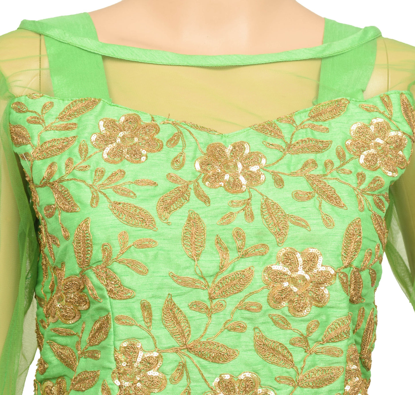 Vintage Stitched Readymade Silk Sari Blouse Stylist Neck Pattern Green Top 38