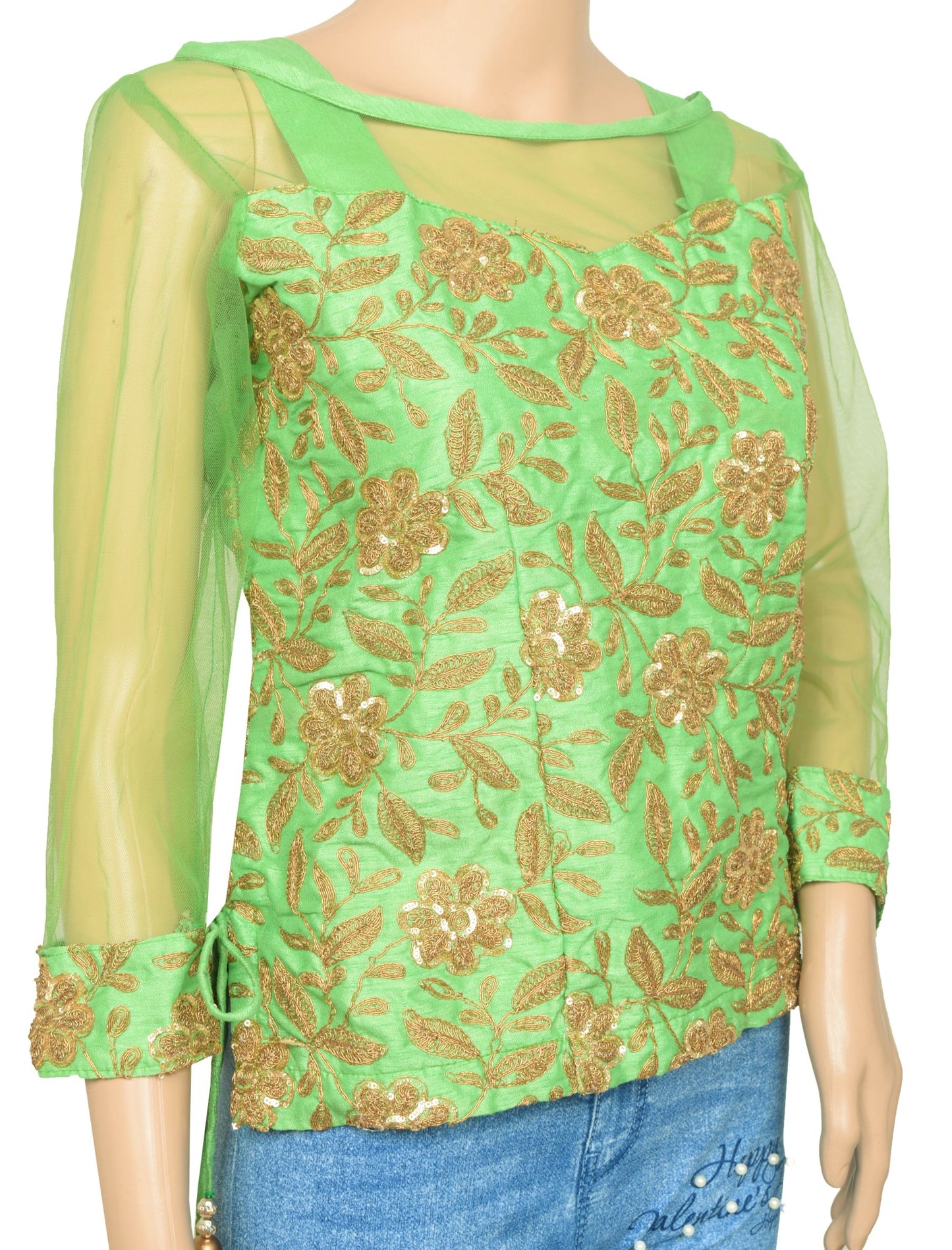 Vintage Stitched Readymade Silk Sari Blouse Stylist Neck Pattern Green Top 38