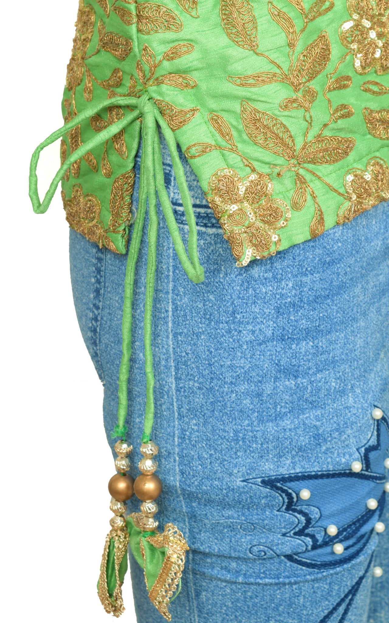 Vintage Stitched Readymade Silk Sari Blouse Stylist Neck Pattern Green Top 38