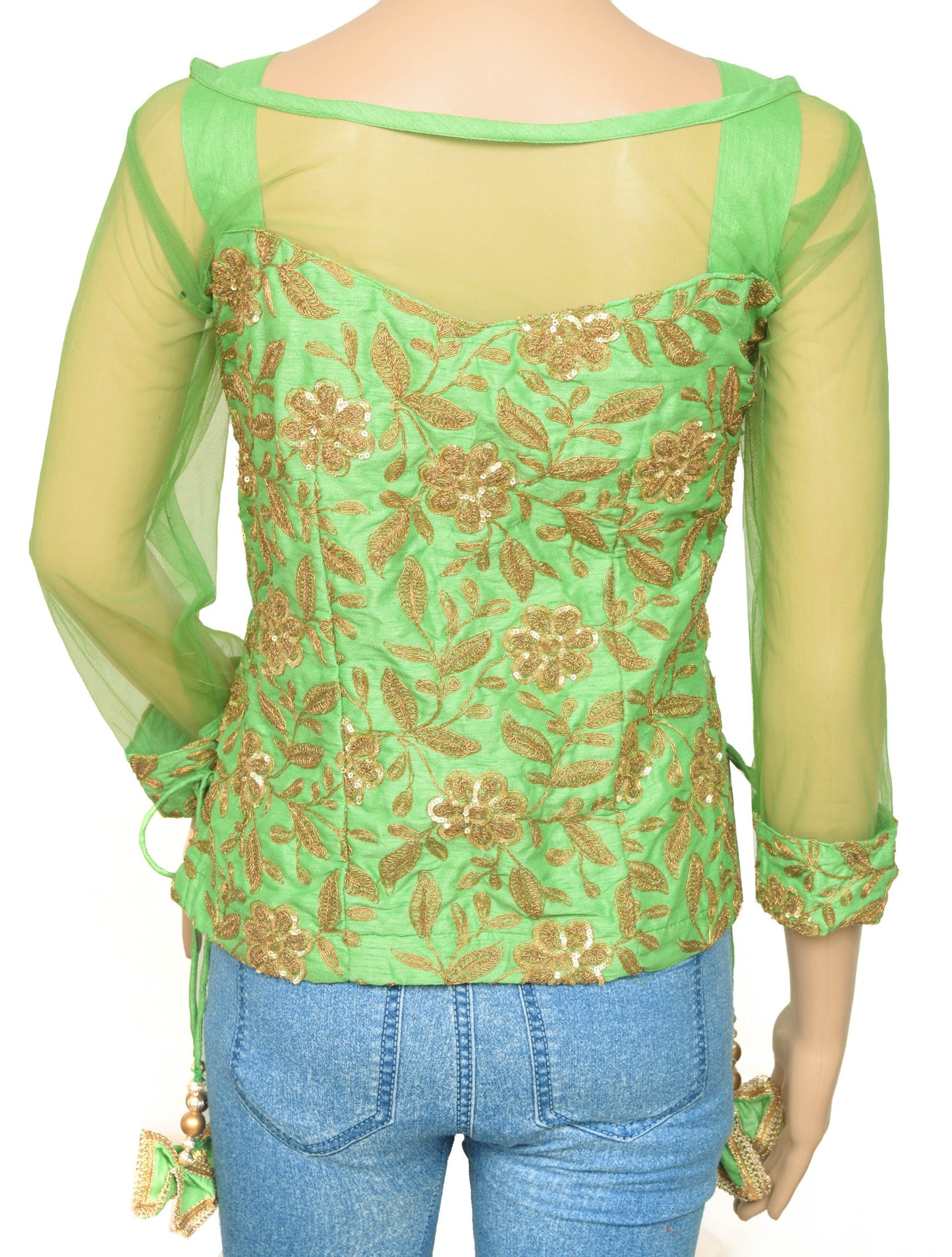 Vintage Stitched Readymade Silk Sari Blouse Stylist Neck Pattern Green Top 38