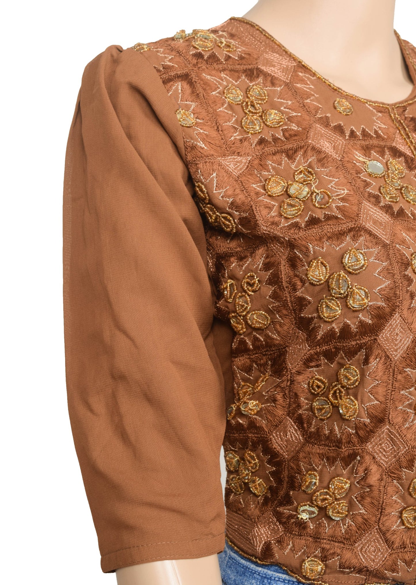 Sushila Vintage Brown Stitched Sari Blouse Georgette Hand Beaded Designer Top 32