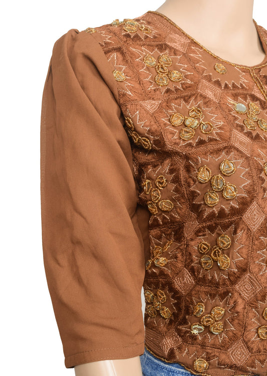 Sushila Vintage Brown Stitched Sari Blouse Georgette Hand Beaded Designer Top 32