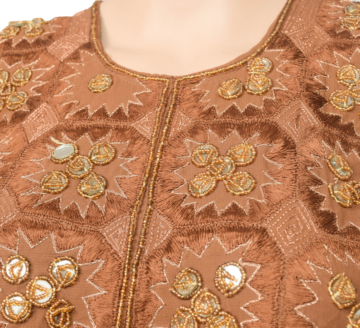 Sushila Vintage Brown Stitched Sari Blouse Georgette Hand Beaded Designer Top 32