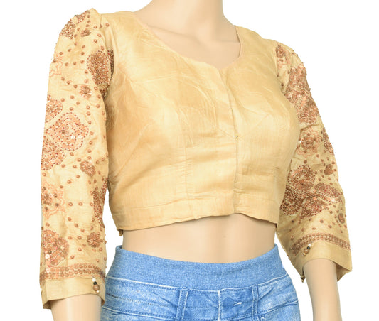 Sushila Vintage Sequins Work Stitched Sari Blouse Pure Silk Cream Designer Top34