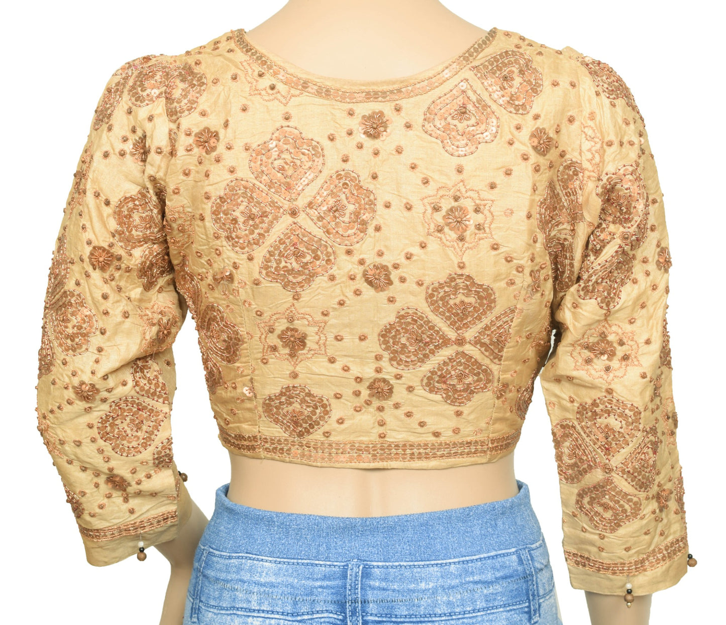 Sushila Vintage Sequins Work Stitched Sari Blouse Pure Silk Cream Designer Top34