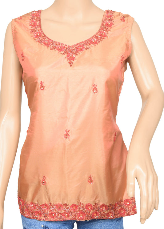 Size 36 Vintage Readymade Sleeveless Dual Tone Silk Short Kurti Daily Wear Top