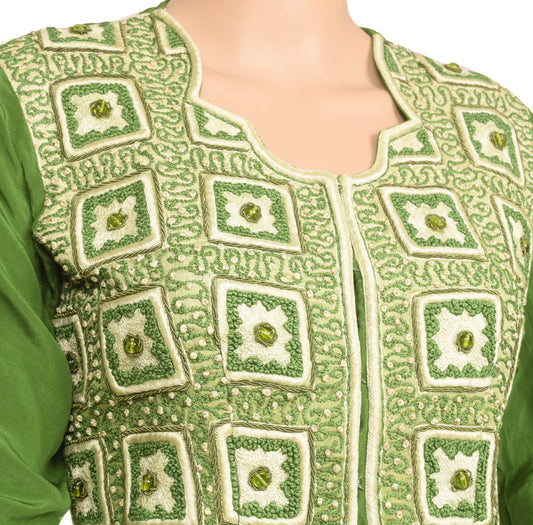 Sushila Vintage Top Stitched Pure Crepe Silk Green Embroidered Short Kurti 34