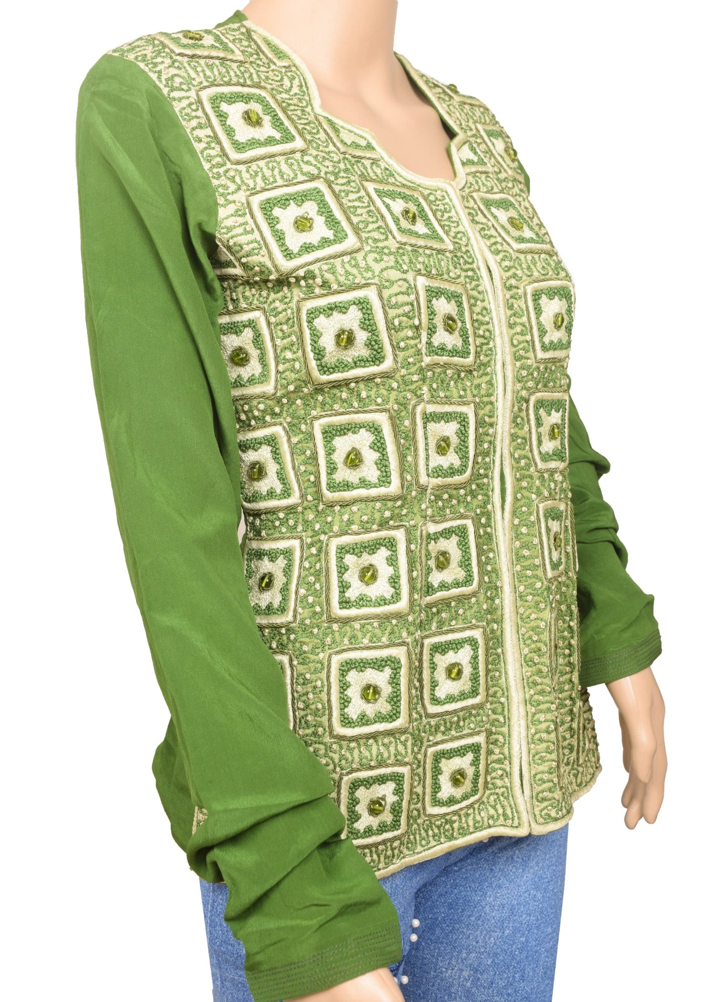 Sushila Vintage Top Stitched Pure Crepe Silk Green Embroidered Short Kurti 34