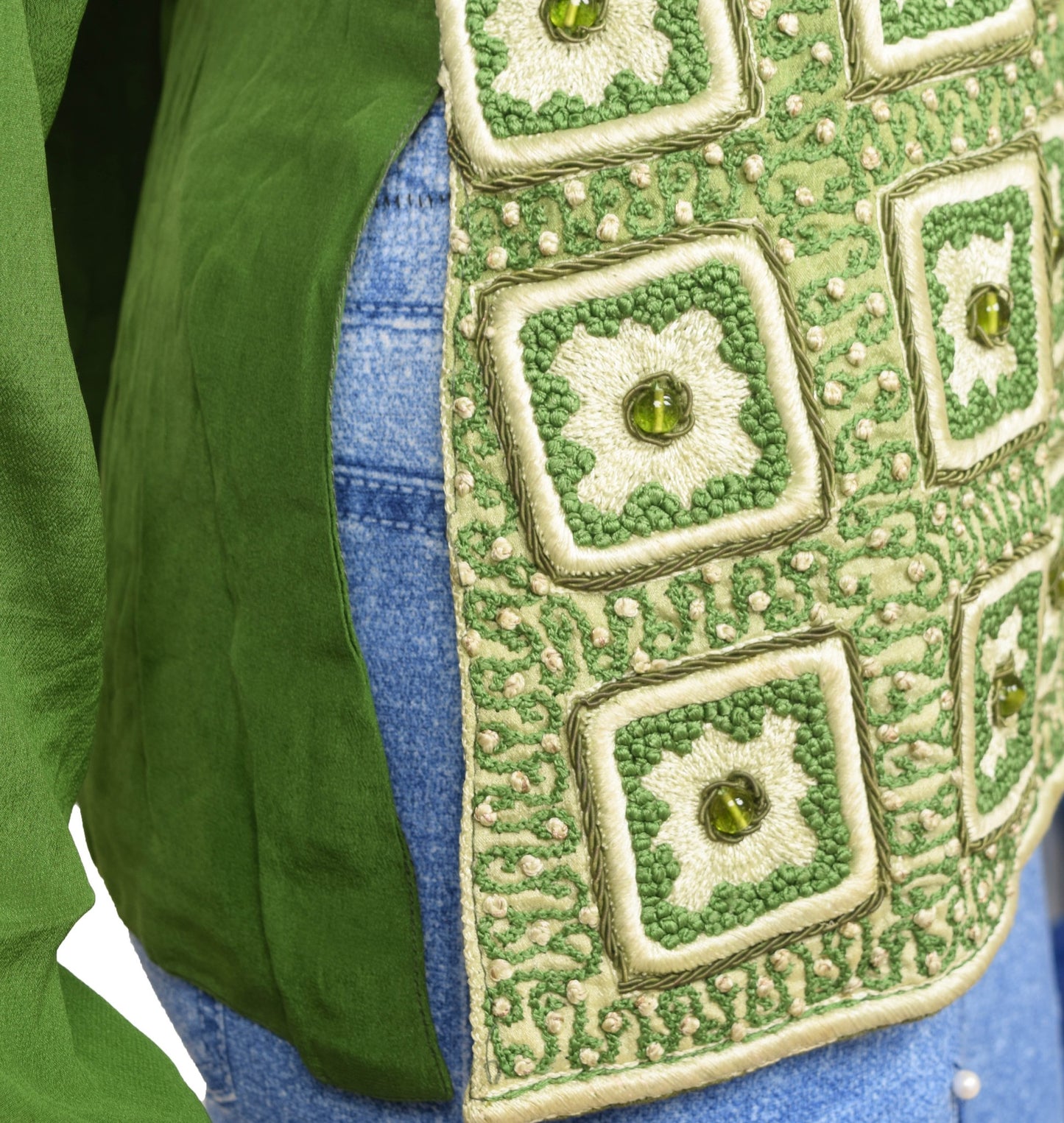 Sushila Vintage Top Stitched Pure Crepe Silk Green Embroidered Short Kurti 34