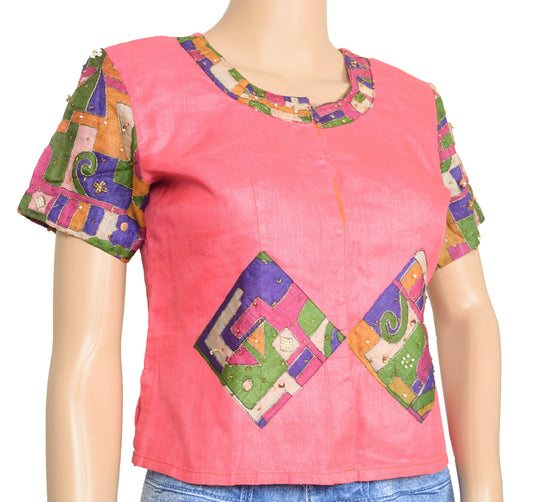 Size 32 Vintage Pure Silk Readymade Sari Blouse Pink Patch Work Designer Top