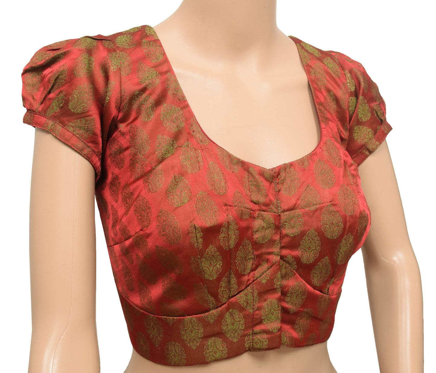 Sushila Vintage Stitched Puff Sleeve Sari Blouse Silk Floral Woven Maroon Top 36