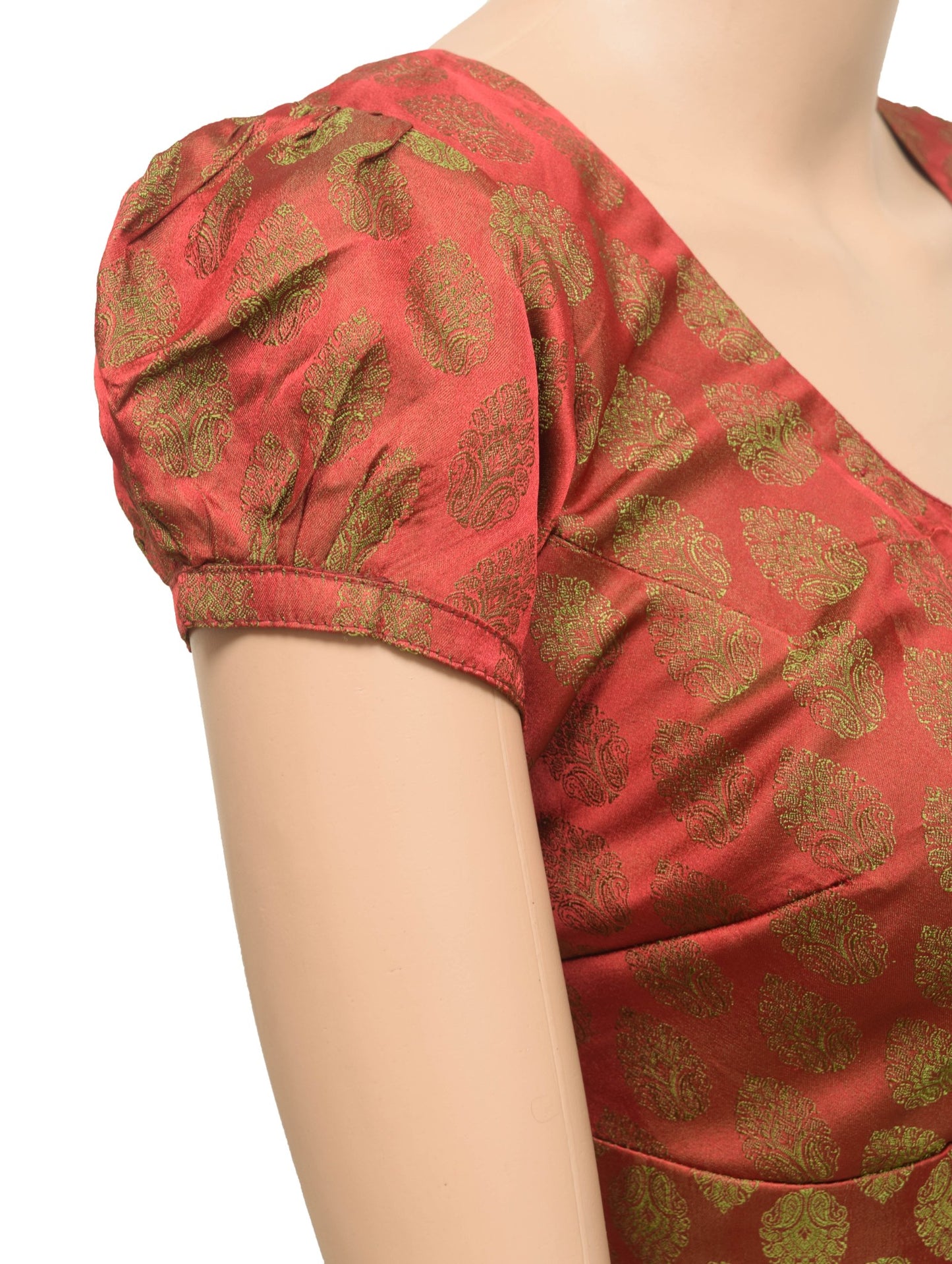 Sushila Vintage Stitched Puff Sleeve Sari Blouse Silk Floral Woven Maroon Top 36