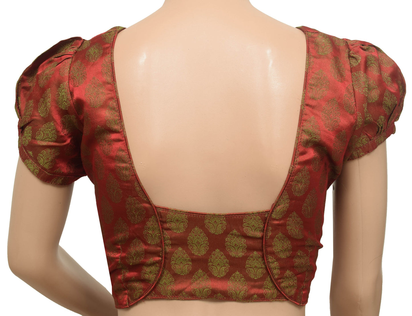 Sushila Vintage Stitched Puff Sleeve Sari Blouse Silk Floral Woven Maroon Top 36