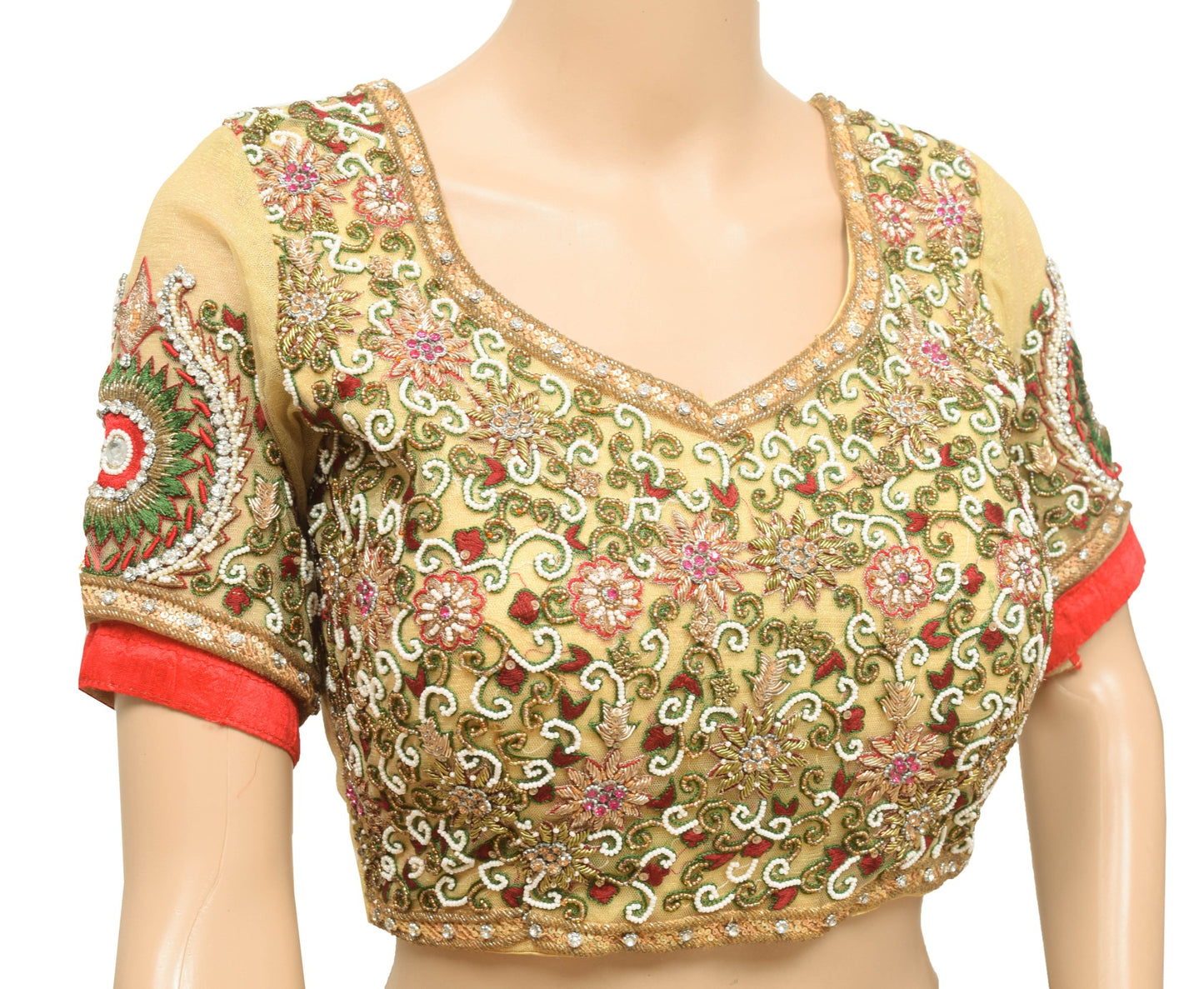Sushila Vintage Stitched Heavy Bridal Sari Blouse Cream Net Hand Beaded Top 32