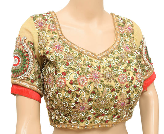 Sushila Vintage Stitched Heavy Bridal Sari Blouse Cream Net Hand Beaded Top 32