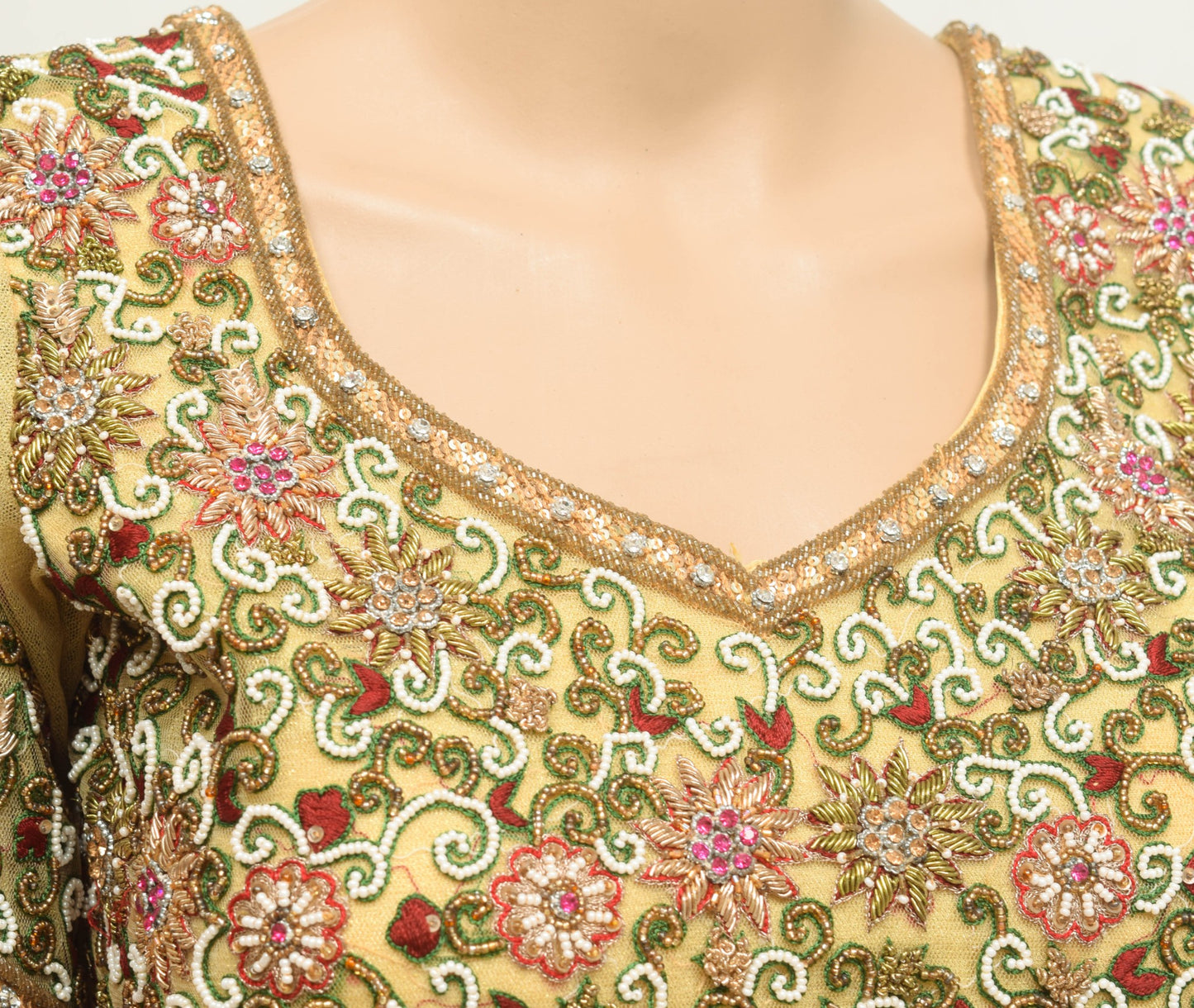 Sushila Vintage Stitched Heavy Bridal Sari Blouse Cream Net Hand Beaded Top 32
