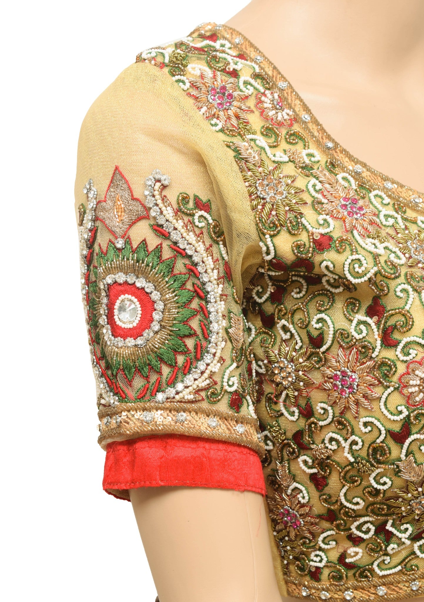 Sushila Vintage Stitched Heavy Bridal Sari Blouse Cream Net Hand Beaded Top 32