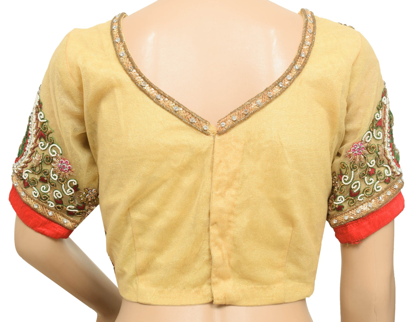 Sushila Vintage Stitched Heavy Bridal Sari Blouse Cream Net Hand Beaded Top 32