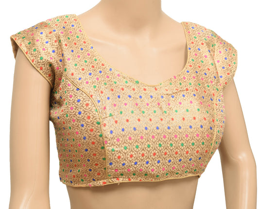 Vintage Golden Stitched Padded Sari Blouse Silk Floral Woven Designer Choli 36