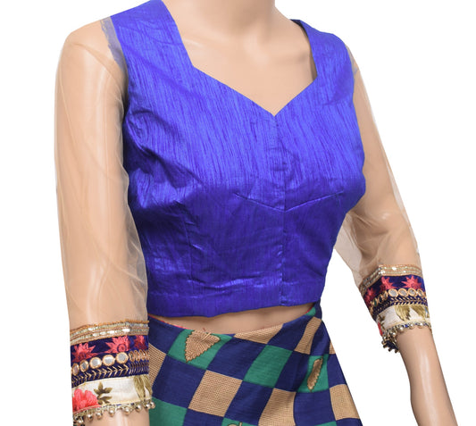 Sushila Vintage Readymade Blue Silk Sari Blouse Net Sleeve Designer Choli 42