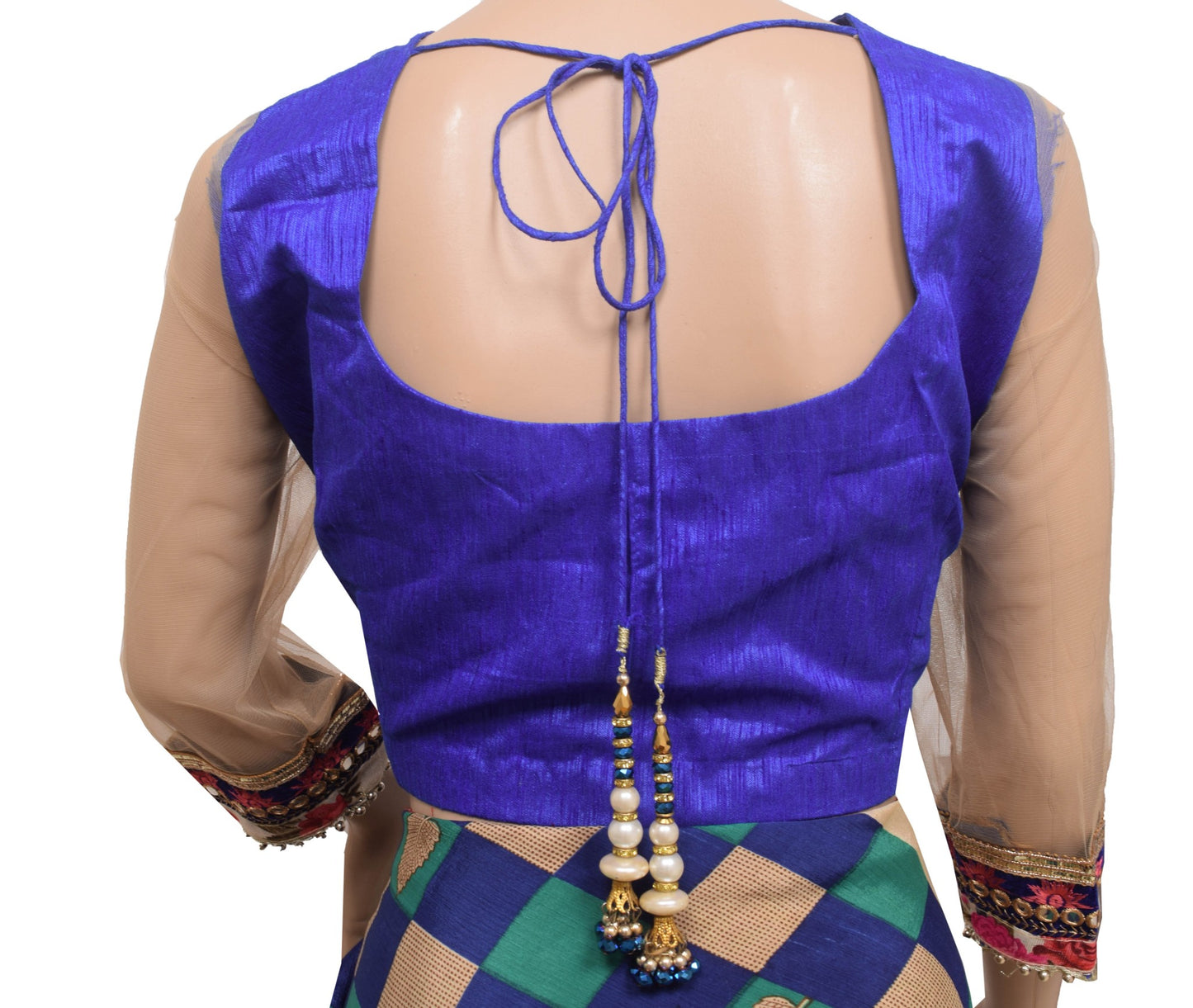 Sushila Vintage Readymade Blue Silk Sari Blouse Net Sleeve Designer Choli 42