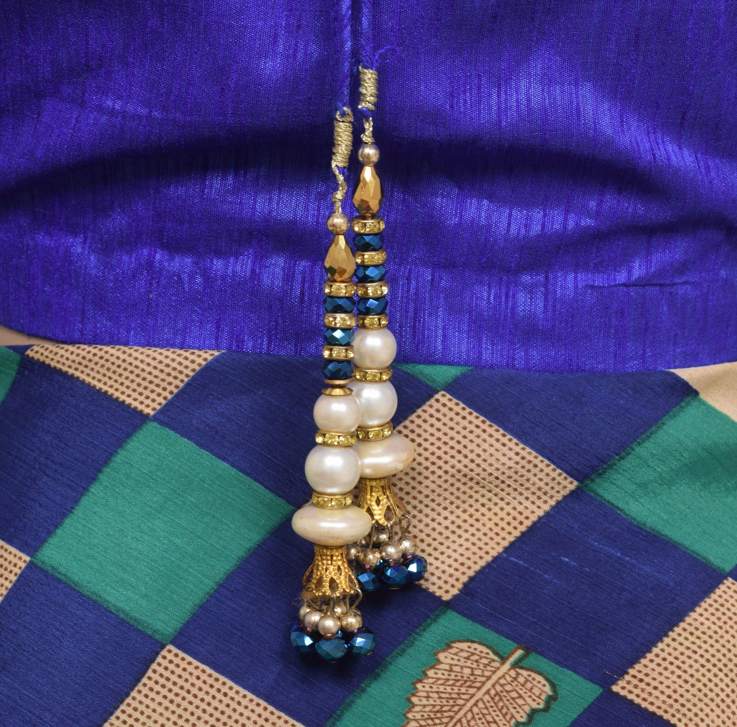 Sushila Vintage Readymade Blue Silk Sari Blouse Net Sleeve Designer Choli 42