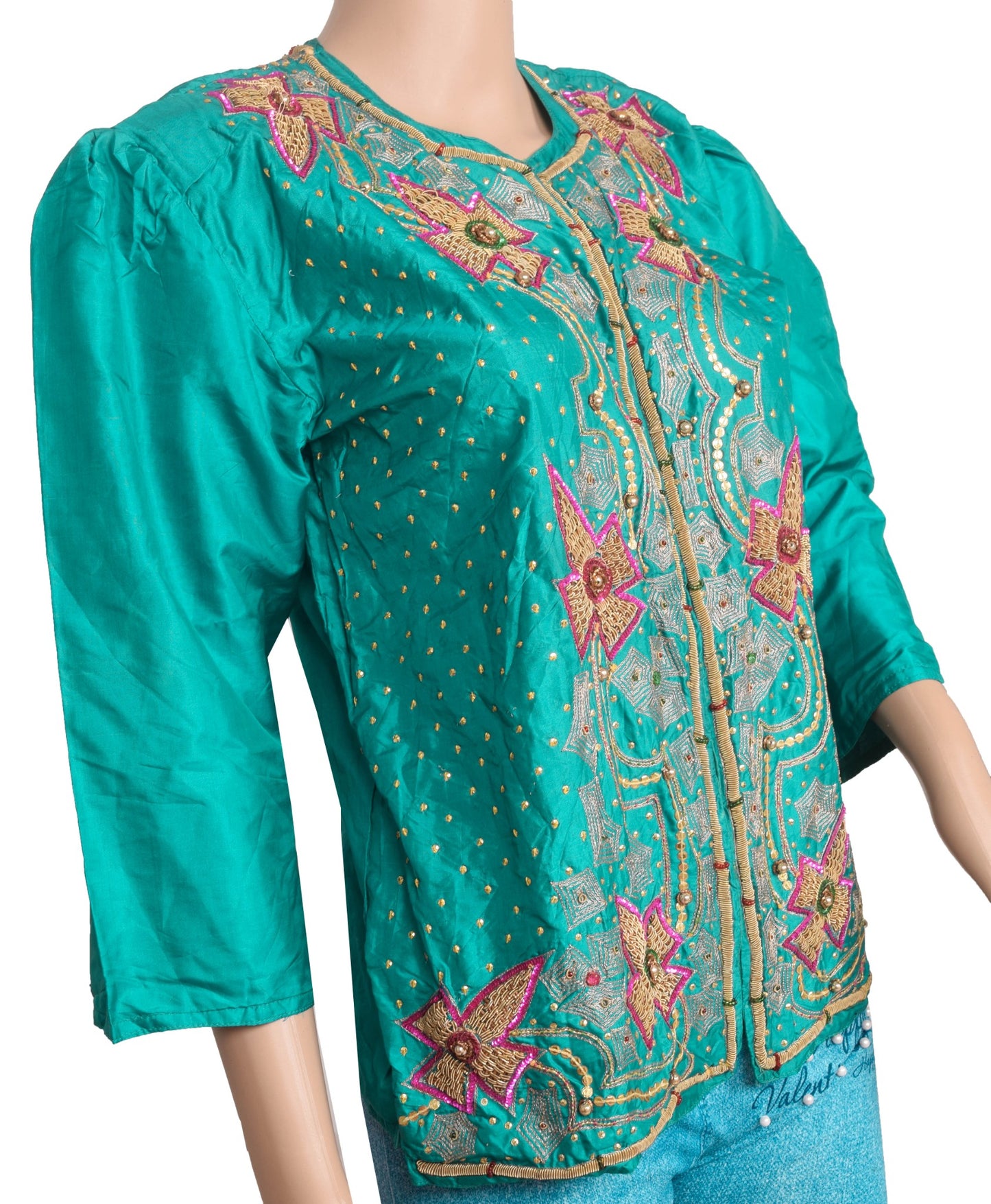 Vintage Stitched Hand Beaded Sari Blouse Puff Sleeve Green Floral Top Kurti 36