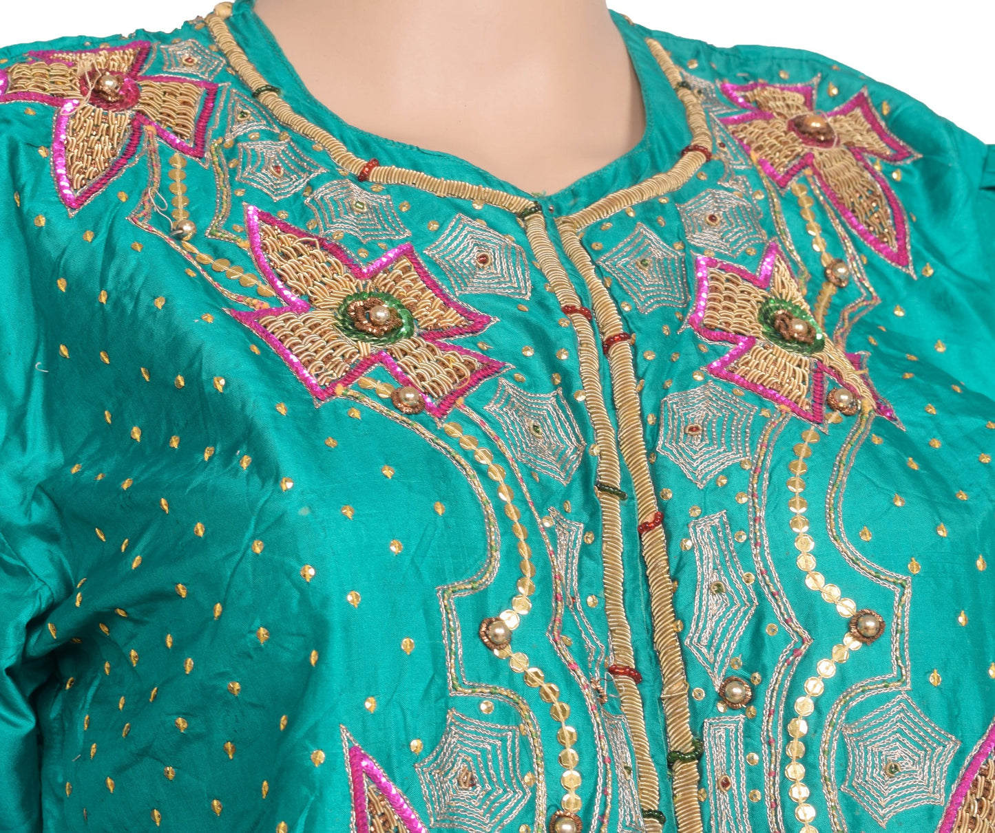 Vintage Stitched Hand Beaded Sari Blouse Puff Sleeve Green Floral Top Kurti 36