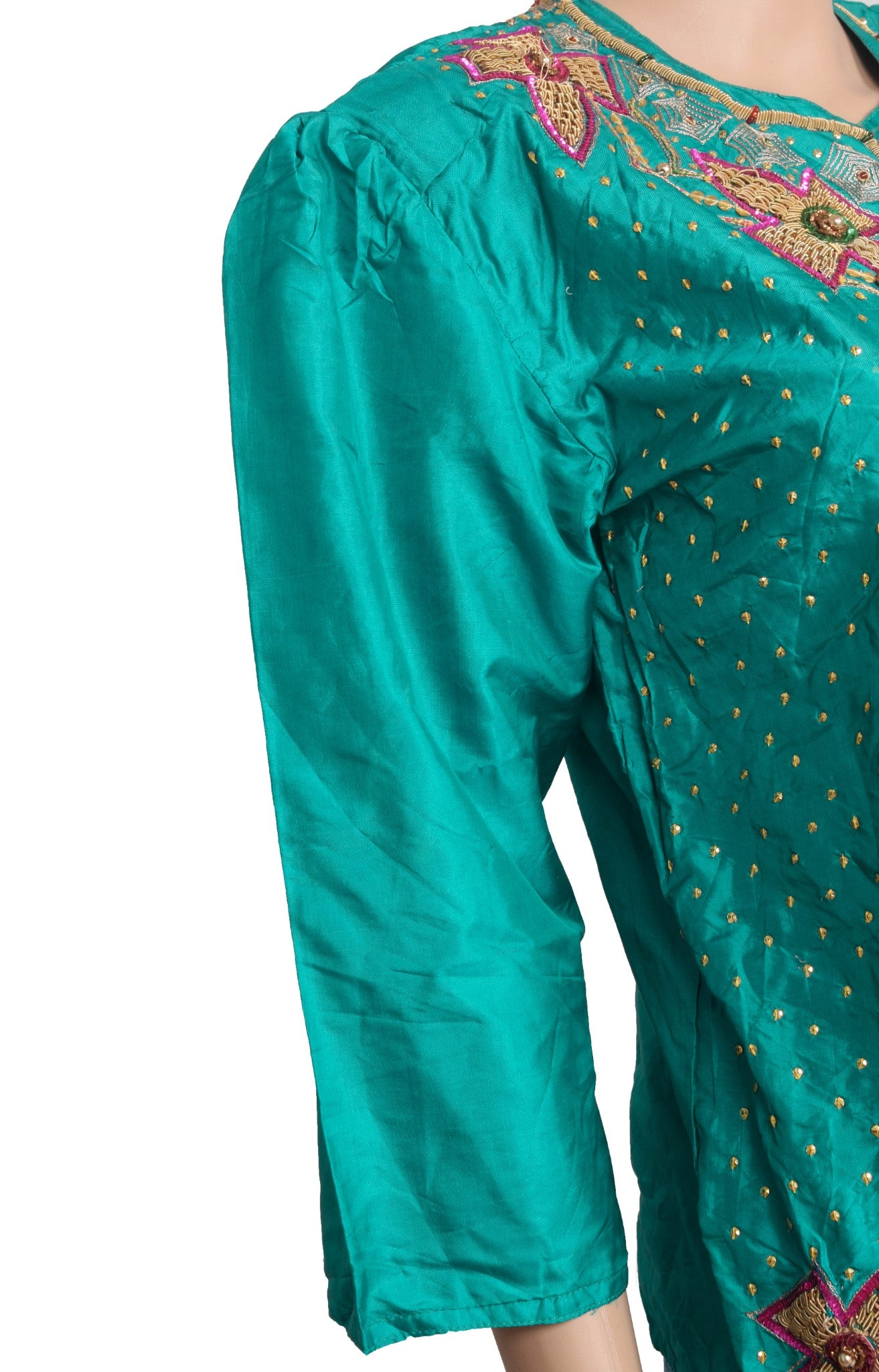 Vintage Stitched Hand Beaded Sari Blouse Puff Sleeve Green Floral Top Kurti 36