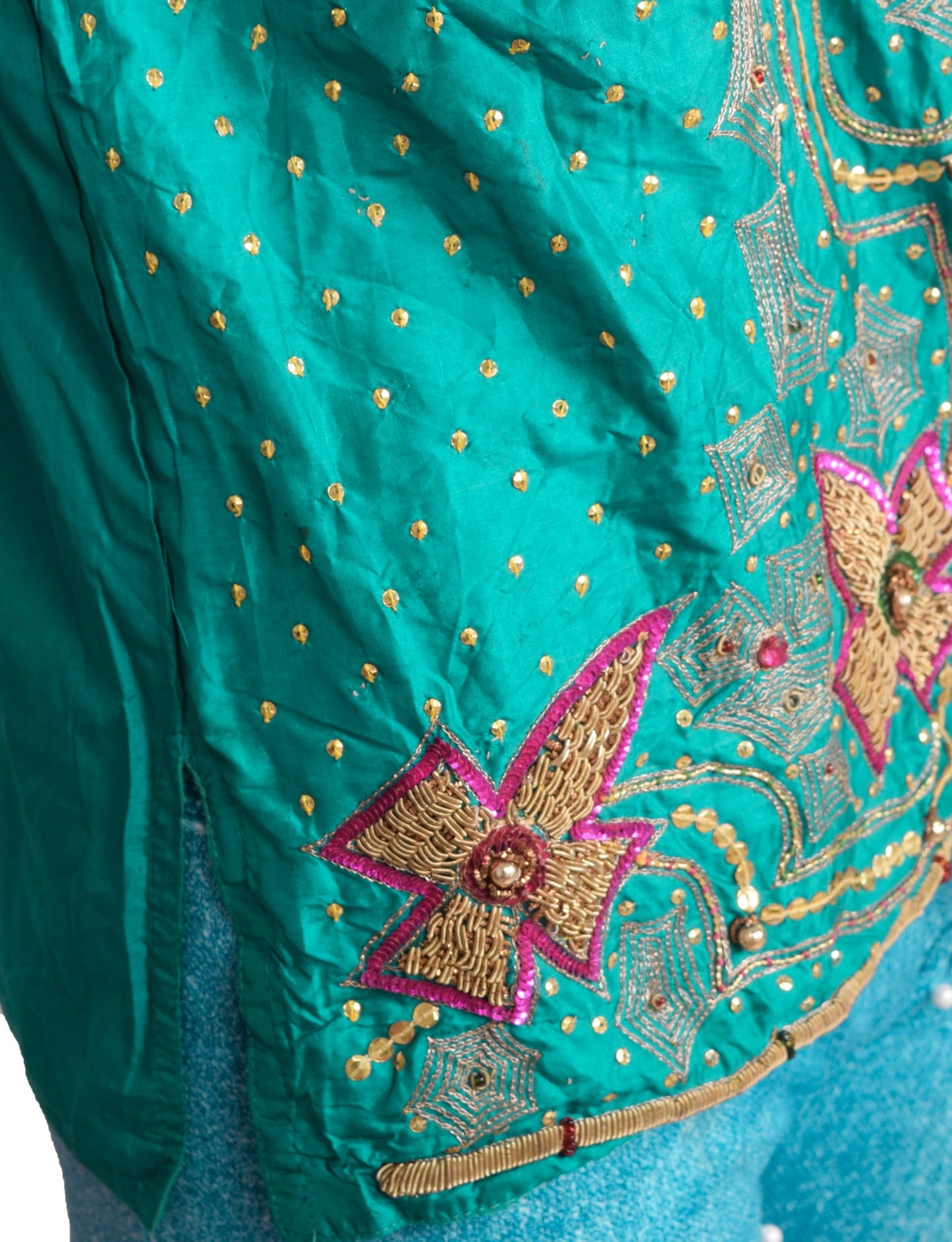 Vintage Stitched Hand Beaded Sari Blouse Puff Sleeve Green Floral Top Kurti 36