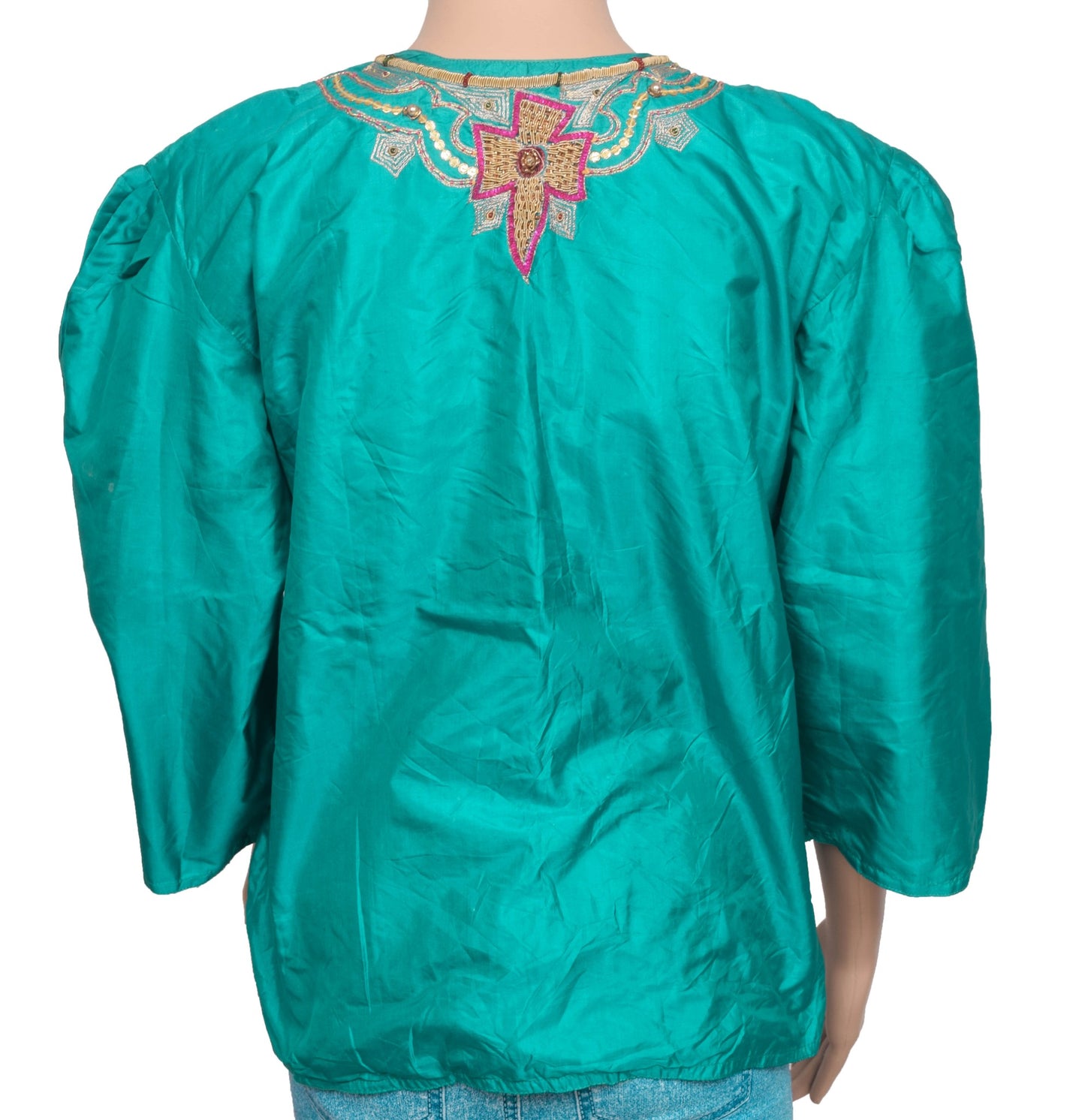 Vintage Stitched Hand Beaded Sari Blouse Puff Sleeve Green Floral Top Kurti 36