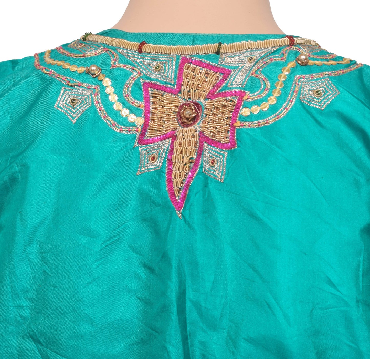 Vintage Stitched Hand Beaded Sari Blouse Puff Sleeve Green Floral Top Kurti 36