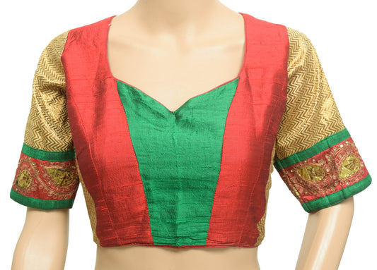 Sushila Vintage Green Red Stitched Silk Sari Blouse Woven Designer Choli Size 38
