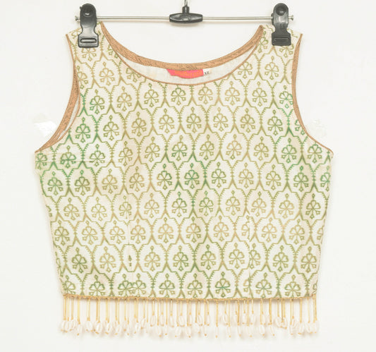Sushila Vintage Off White Stitched Sari Blouse Silk Printed Designer Top Size 30