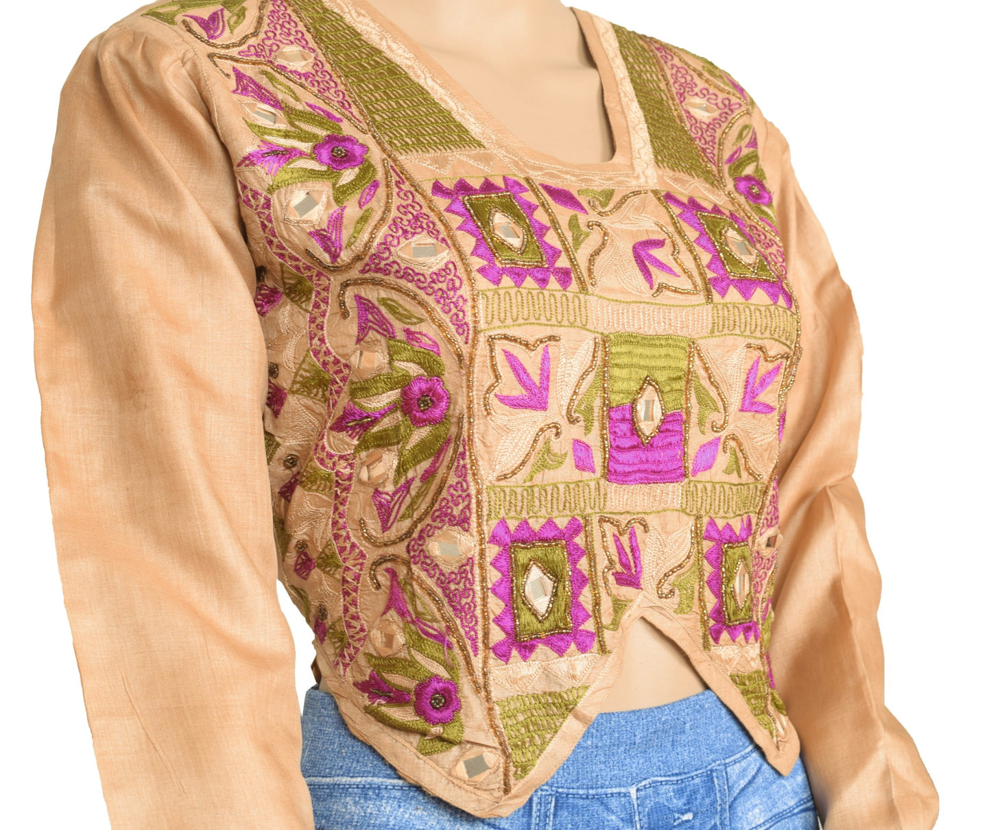 Vintage Brown Puff Sleeve Sari Blouse Silk Embroidered Designer Choli Size34 Top