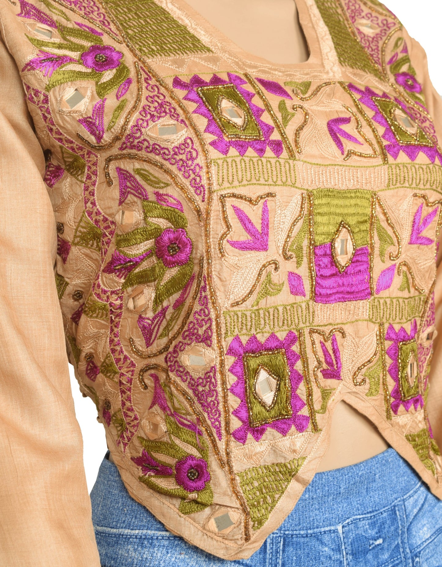 Vintage Brown Puff Sleeve Sari Blouse Silk Embroidered Designer Choli Size34 Top