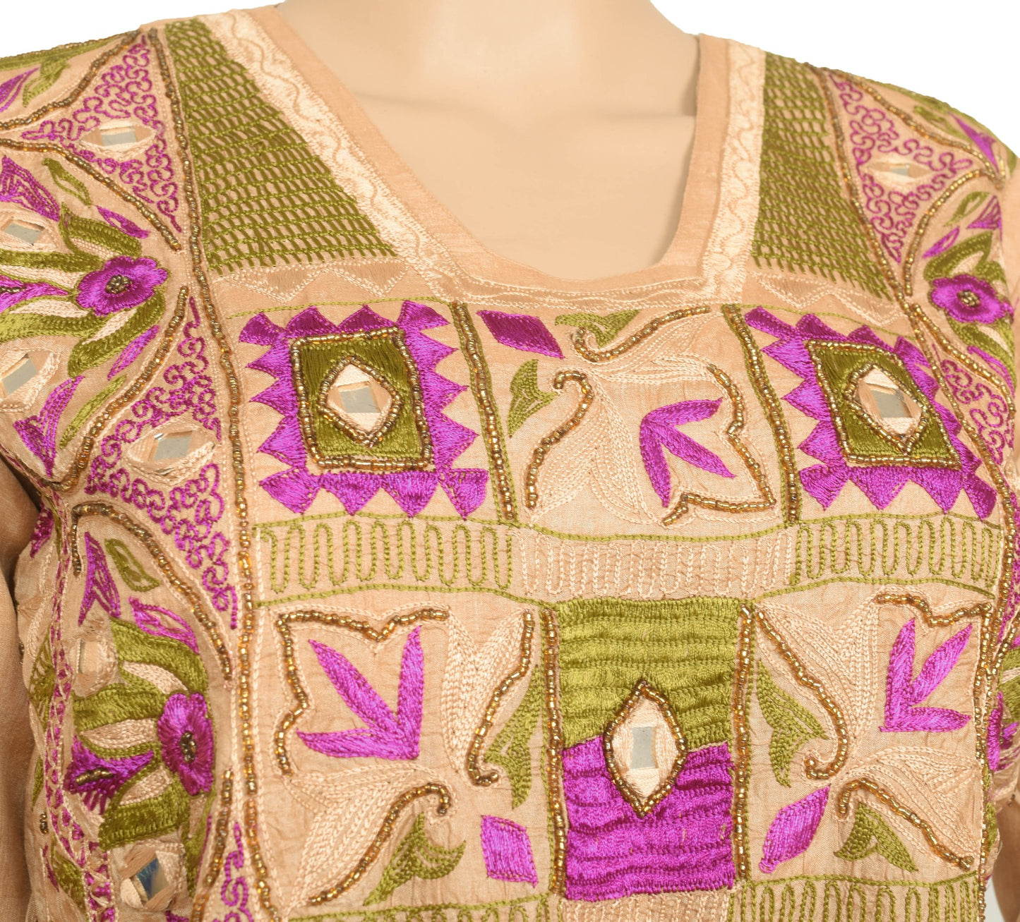 Vintage Brown Puff Sleeve Sari Blouse Silk Embroidered Designer Choli Size34 Top