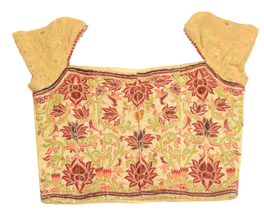 Vintage Readymade Heavy Golden Sari Blouse Embroidered Designer Silk Top Size 32