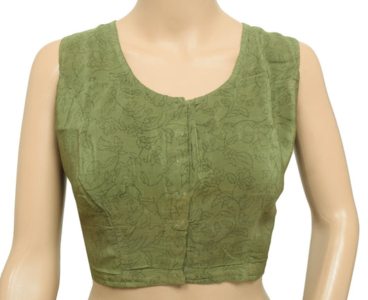 Size 42 Vintage Sleeveless Stitched Green Sari Blouse Hand Block Printed Choli
