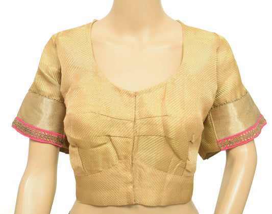 Size 46 Vintage Readymade Silk Zari Brocade Sari Blouse Designer Golden Top