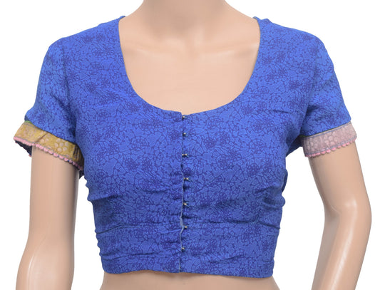Sushila Vintage Readymade Stitched Sari Blouse Printed Blue Georgette Top Size46
