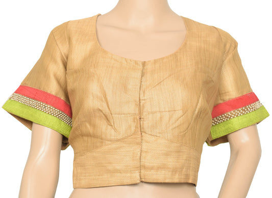 Size 46 Vintage Readymade Stitched Golden Silk Sari Blouse Brocade Woven Choli