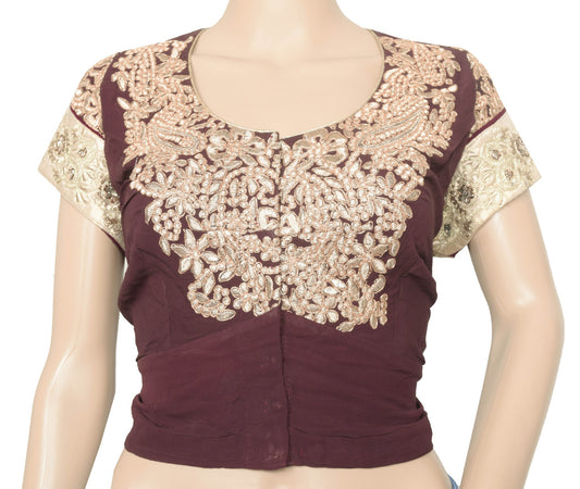 Sushila Vintage Dark Brown Stitched Sari Blouse Georgette Embroidered Top Size50